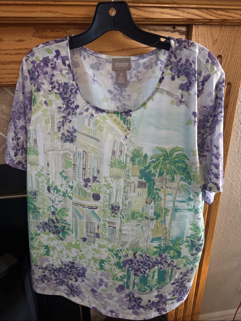 Chico's Lavender and Green Scenic Scoop-Neck Top Size 3